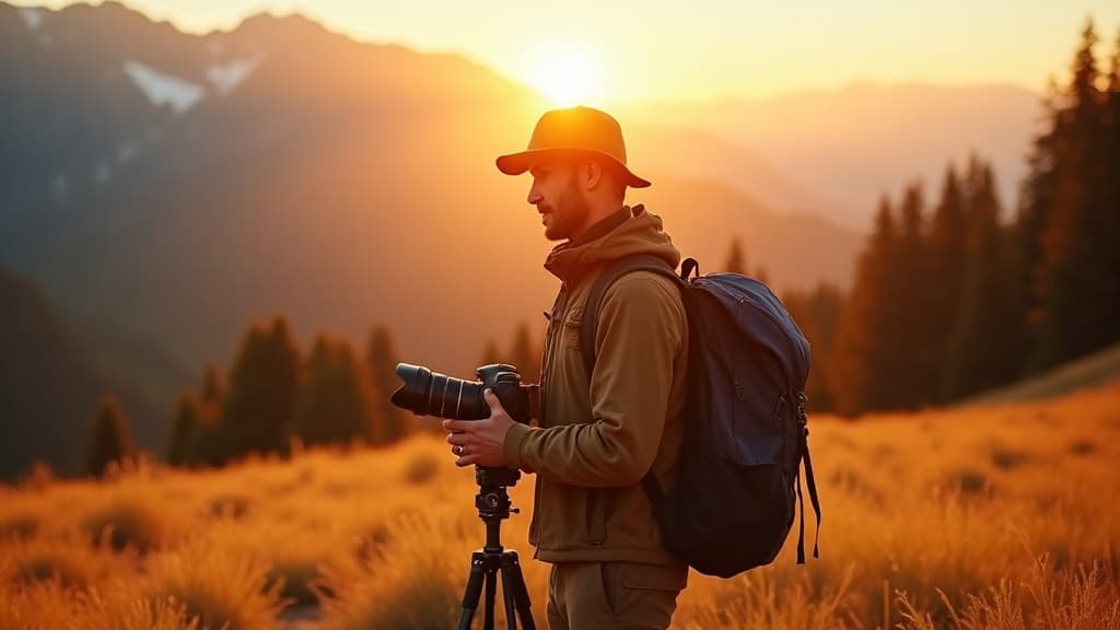 LensTrail guide with camera gear in a golden meadow at sunset