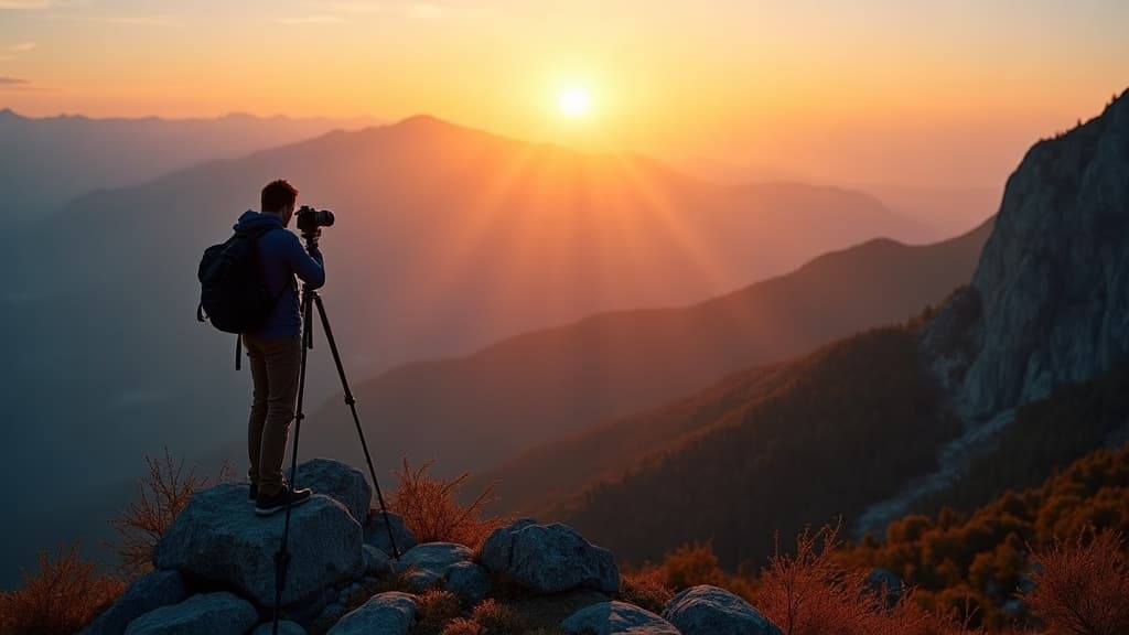 Photographer on a mountain summit with a camera and tripod at golden hour