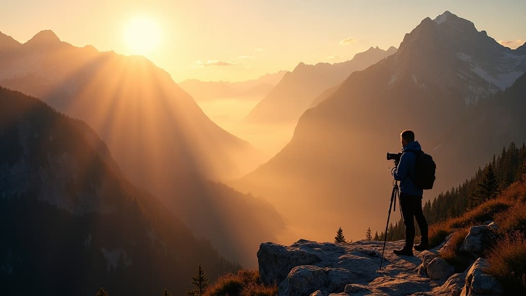 Photographer silhouetted on a mountain ridge with a tripod at golden hour