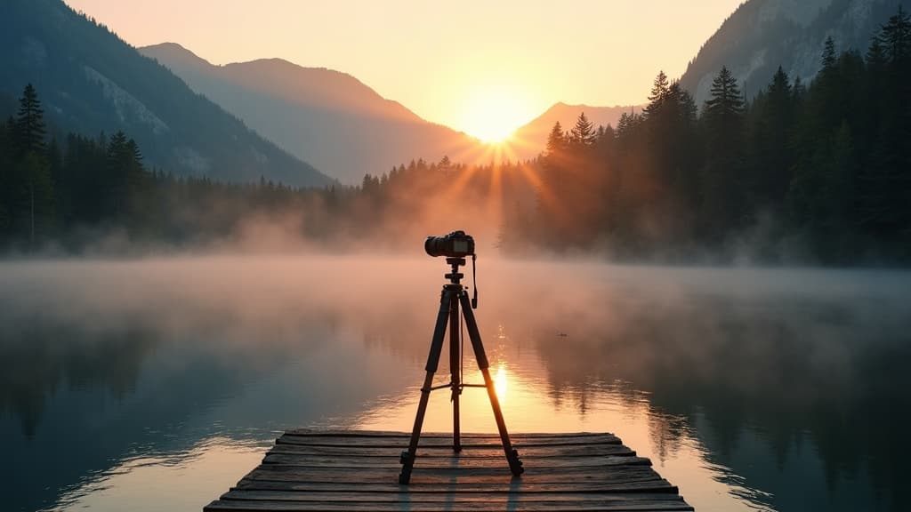 Camera on a tripod on a wooden pier over a forest lake at golden hour