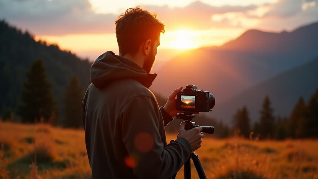 Photographer reviewing images on camera screen at golden hour